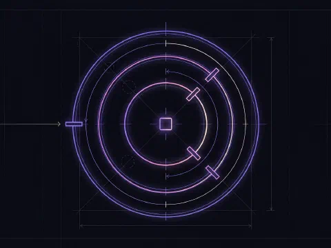 Three concentric glowing rings around a small square node, each ring closed by a short gate bar, drawn like a blueprint