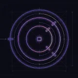 Three concentric glowing rings around a small square node, each ring closed by a short gate bar, drawn like a blueprint