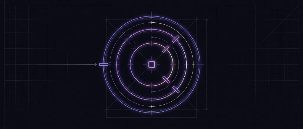 Three concentric glowing rings around a small square node, each ring closed by a short gate bar, drawn like a blueprint
