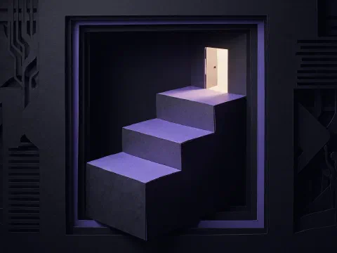 Three stepped paper stairs rising to a small bright cut-out doorway
