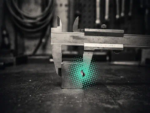 A steel vernier caliper clamped on a small metal block with a chipped corner, teal halftone dots gathered around the chip