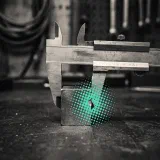 A steel vernier caliper clamped on a small metal block with a chipped corner, teal halftone dots gathered around the chip