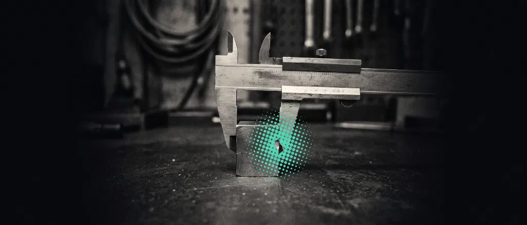 A steel vernier caliper clamped on a small metal block with a chipped corner, teal halftone dots gathered around the chip