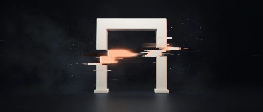 A white checkpoint gate whose middle bar is sliced by glitch tears and leaks peach light