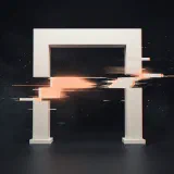 A white checkpoint gate whose middle bar is sliced by glitch tears and leaks peach light