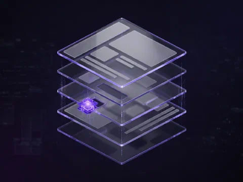 A blank app window split into five floating glass layers with a glowing violet module plugged into the middle one