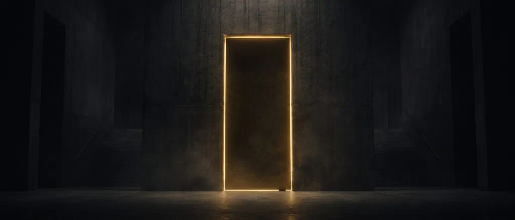 A tall concrete doorway sealed shut, its edges glowing gold in a dark hall