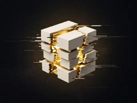 A white cube split by horizontal scanline tears, with a gold glow leaking through the gap