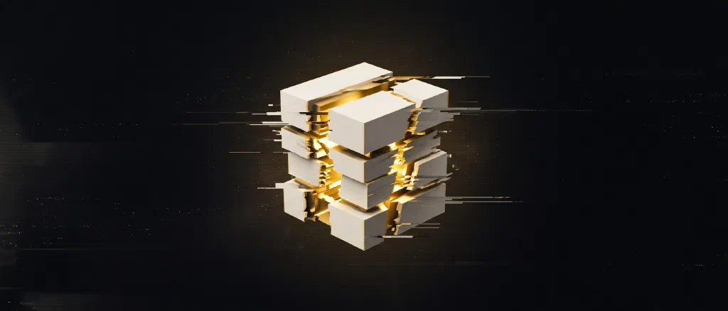 A white cube split by horizontal scanline tears, with a gold glow leaking through the gap