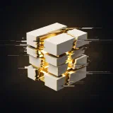 A white cube split by horizontal scanline tears, with a gold glow leaking through the gap