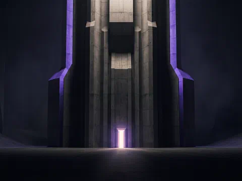 A concrete monolith with one narrow glowing violet doorway at its base
