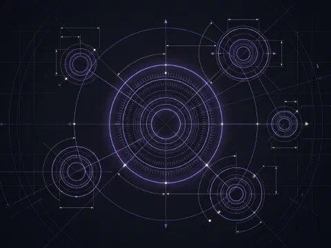 A thin blue line drawing of one large ring connected to five smaller rings of different sizes