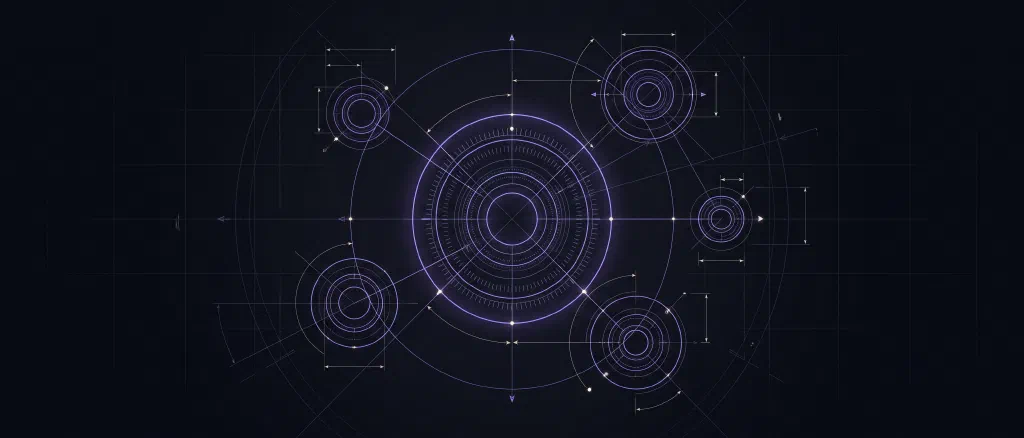 A thin blue line drawing of one large ring connected to five smaller rings of different sizes