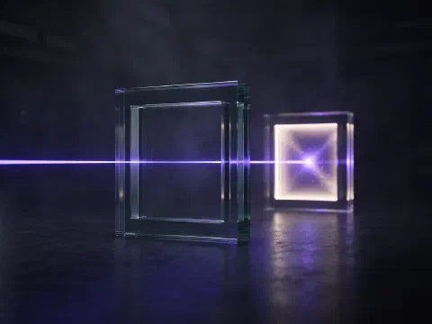 Two glass gates in a row, a violet beam passing through the large first gate and stopping at a smaller second gate that glows
