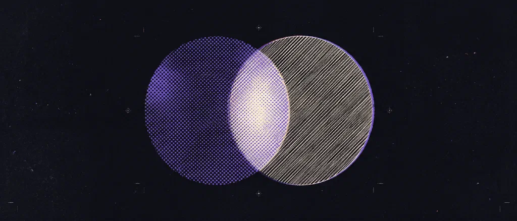 Two overlapping circles, one filled with halftone dots and one hatched, with a bright overlap in the middle