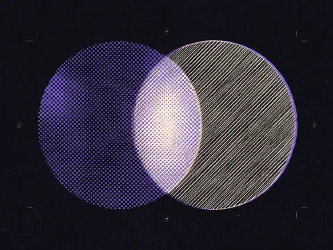 Two overlapping circles, one filled with halftone dots and one hatched, with a bright overlap in the middle