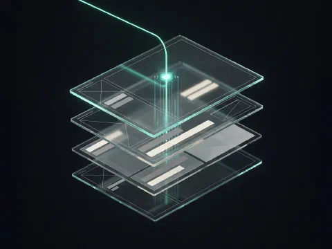 A blank pull request panel exploded into floating layers, with a thin teal line connecting in from outside