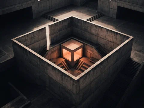 A small warm-lit cube inside a walled concrete courtyard, seen from above