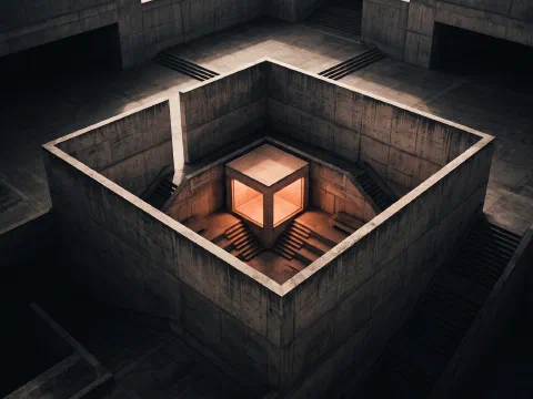 A small warm-lit cube inside a walled concrete courtyard, seen from above
