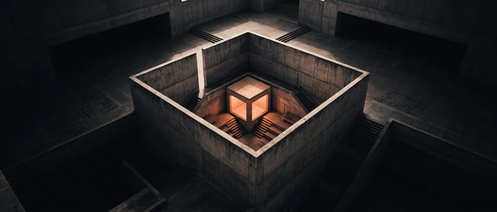 A small warm-lit cube inside a walled concrete courtyard, seen from above