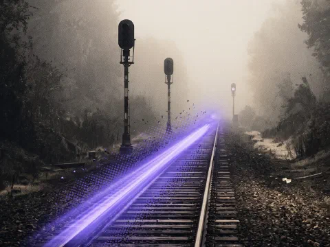 A black-and-white railway line vanishing into mist past three signal lamps, with a violet light streak approaching the third