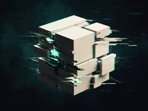 A white cube split by horizontal glitch scanlines and displaced slices, with teal colour fringing