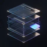 A stack of five floating glass layers with a small glowing blue book-shaped slab sliding into the middle one