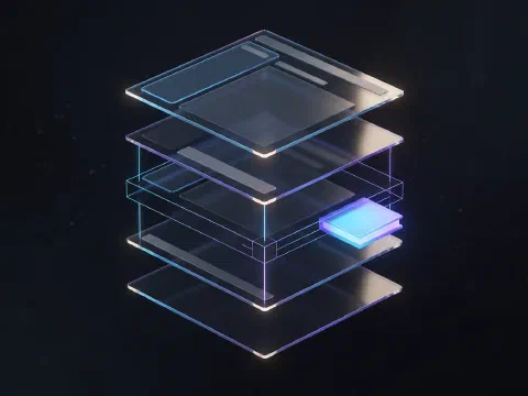 A stack of five floating glass layers with a small glowing blue book-shaped slab sliding into the middle one