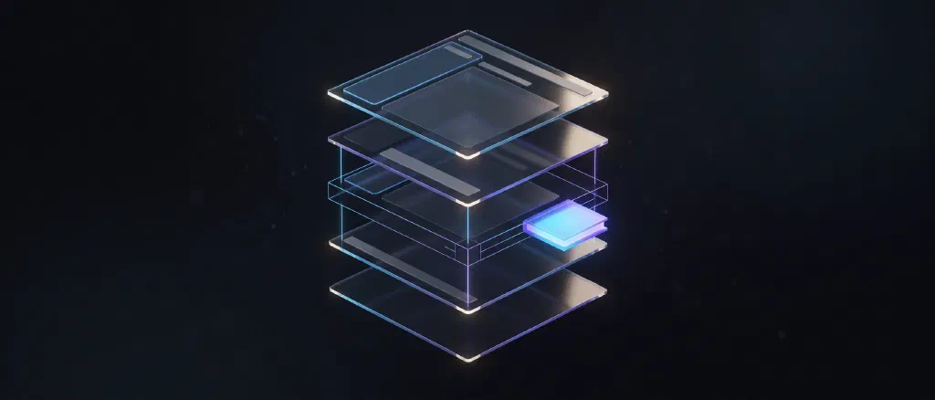 A stack of five floating glass layers with a small glowing blue book-shaped slab sliding into the middle one