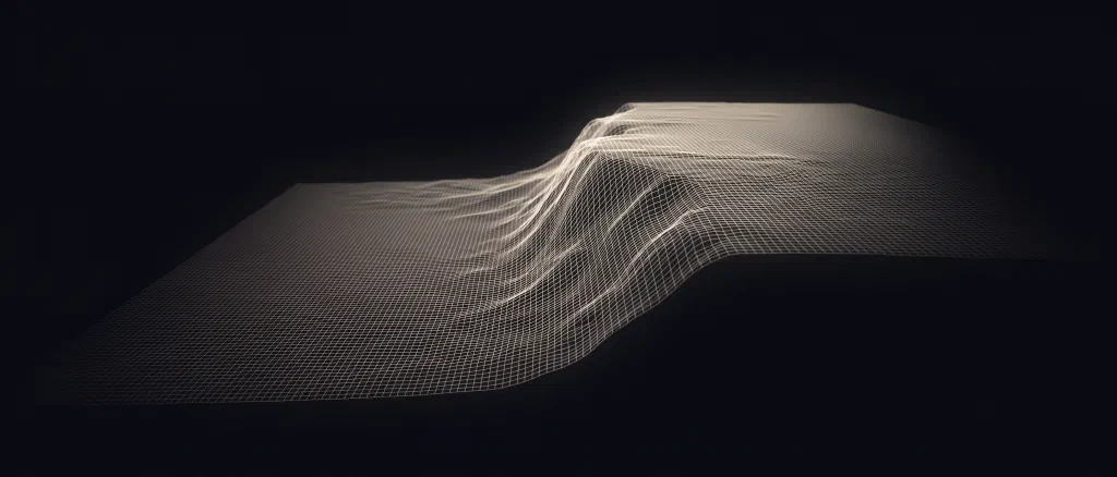 A glowing wireframe terrain falling in one clean slope toward a low flat plain