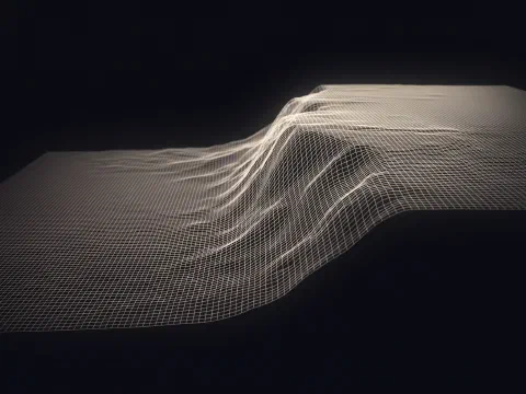 A glowing wireframe terrain falling in one clean slope toward a low flat plain