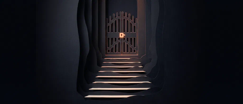 A paper-cut staircase rising to a closed iron gate with one glowing peach latch