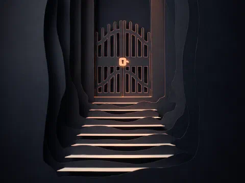 A paper-cut staircase rising to a closed iron gate with one glowing peach latch
