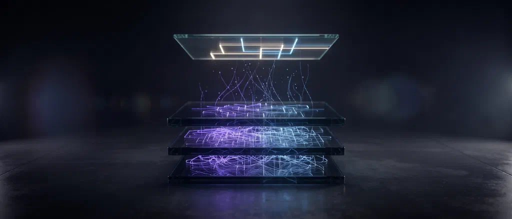Three glass slabs etched with tangled light lines, with one clean lit pane floating above them