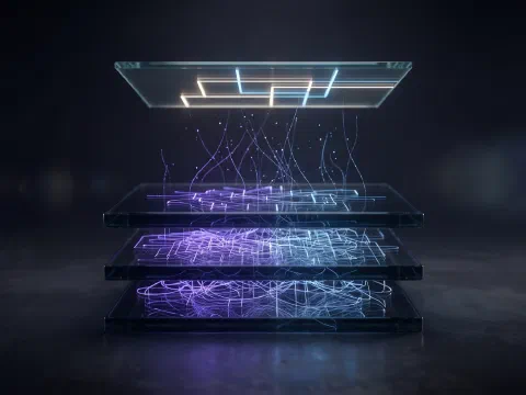 Three glass slabs etched with tangled light lines, with one clean lit pane floating above them