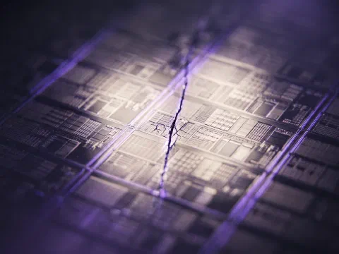 A close-up of a hairline crack across a polished silicon wafer, sharply lit