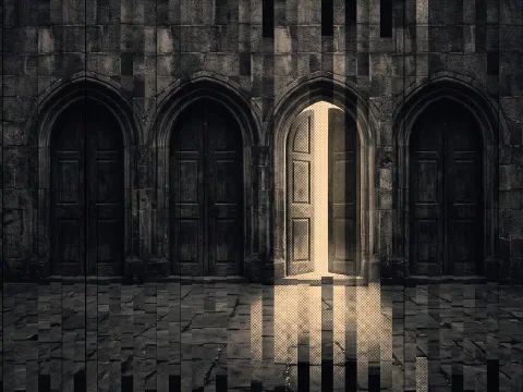 Four stone doorways in a row, one slightly open and spilling warm light, the photo cut into offset slices