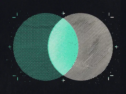 Two overlapping circles, one of teal halftone dots and one of hatched lines, with a bright overlap